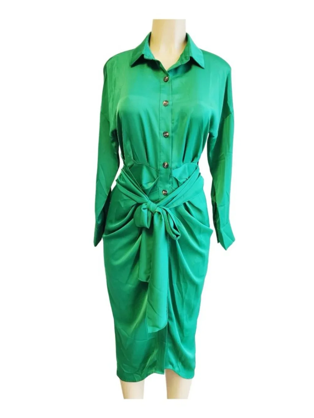 BTBFM Womens Satin Green Button-Down Tie-Waist Long-Sleeve Midi Shirt Dress S - Picture 2 of 8